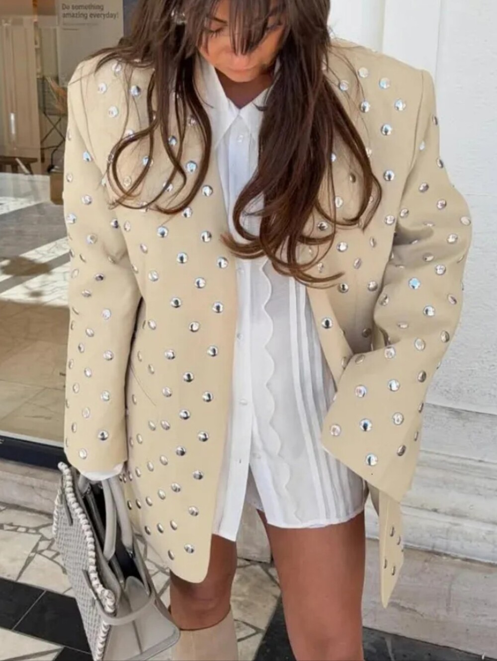 Beige Studded Oversized Women's Coat